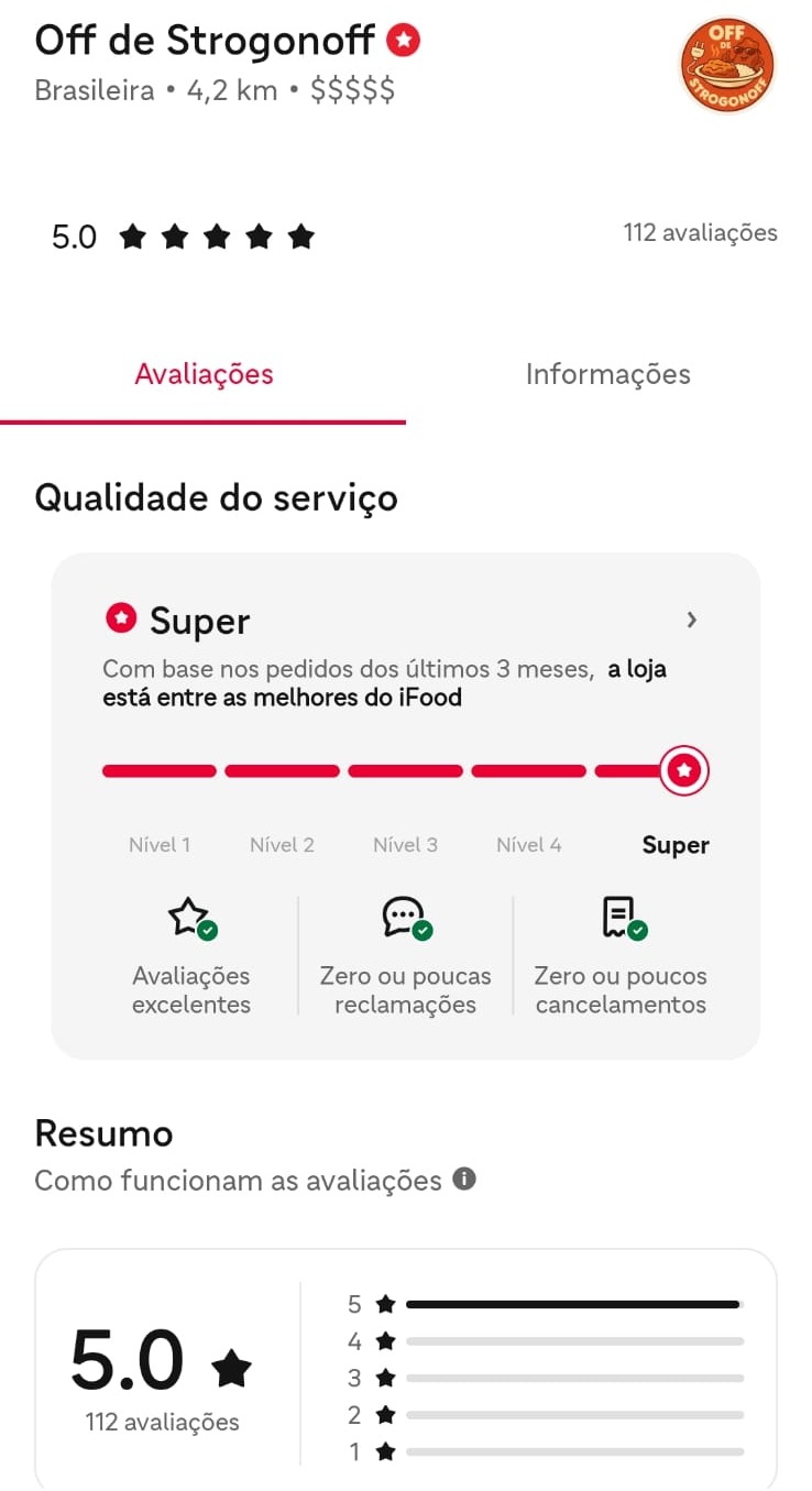 Página da OFF de Strogonoff no iFood exibindo classificação Super e nota 5,0 com 112 avaliações.