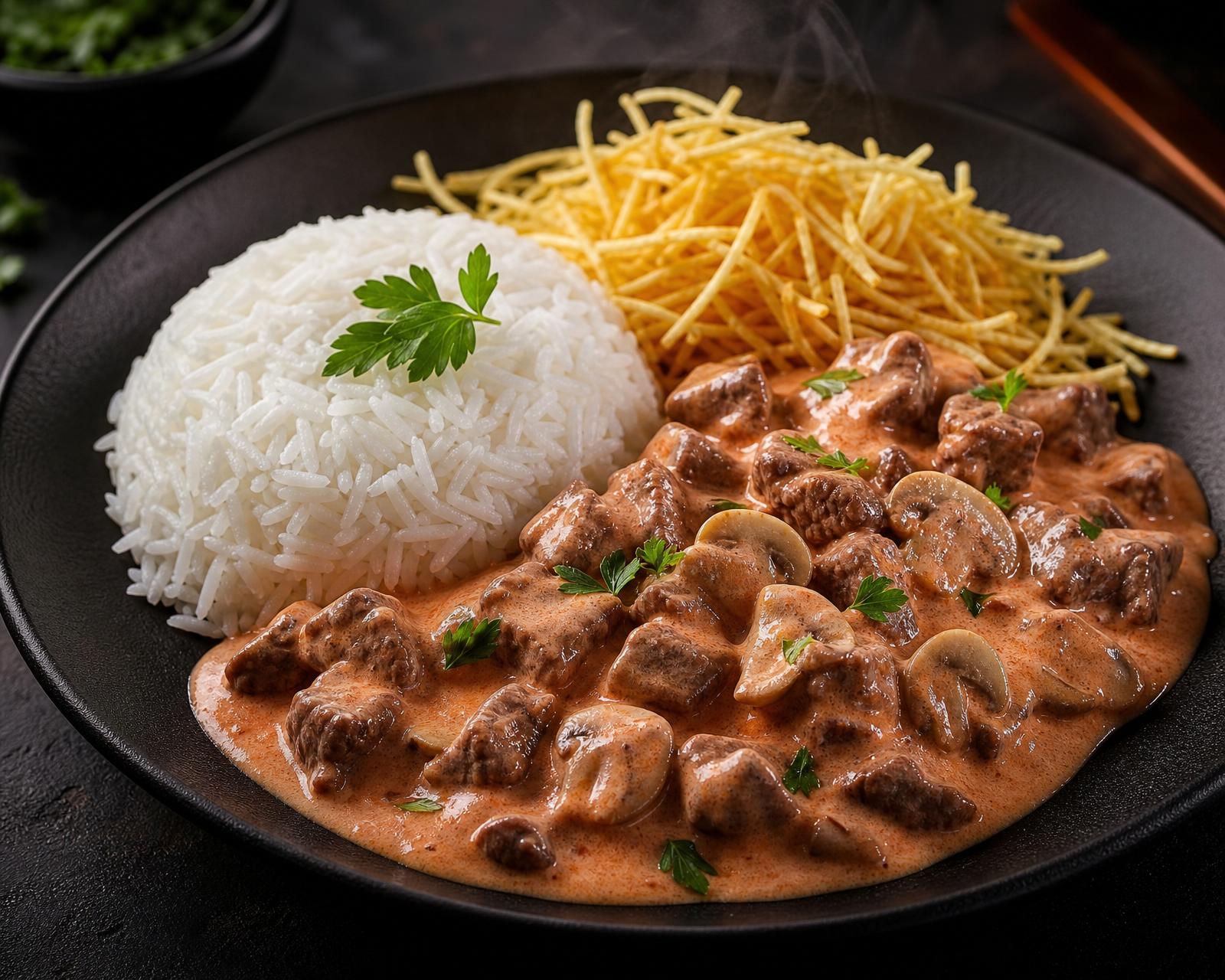 Strogonoff brasileiro acompanhado de arroz branco e batata palha.