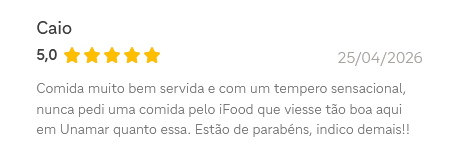 Avaliação de Caio para a OFF de Strogonoff, cinco estrelas, 25/04/2026.