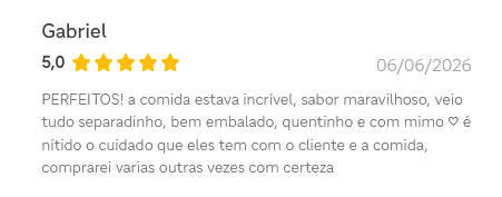 Avaliação de Gabriel para a OFF de Strogonoff, cinco estrelas, 06/06/2026.