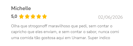 Avaliação de Michelle para a OFF de Strogonoff, cinco estrelas, 02/06/2026.