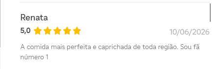Avaliação de Renata para a OFF de Strogonoff, cinco estrelas, 10/06/2026.
